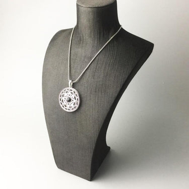 Silver & Zirconia Black Lotus Pendant Necklace